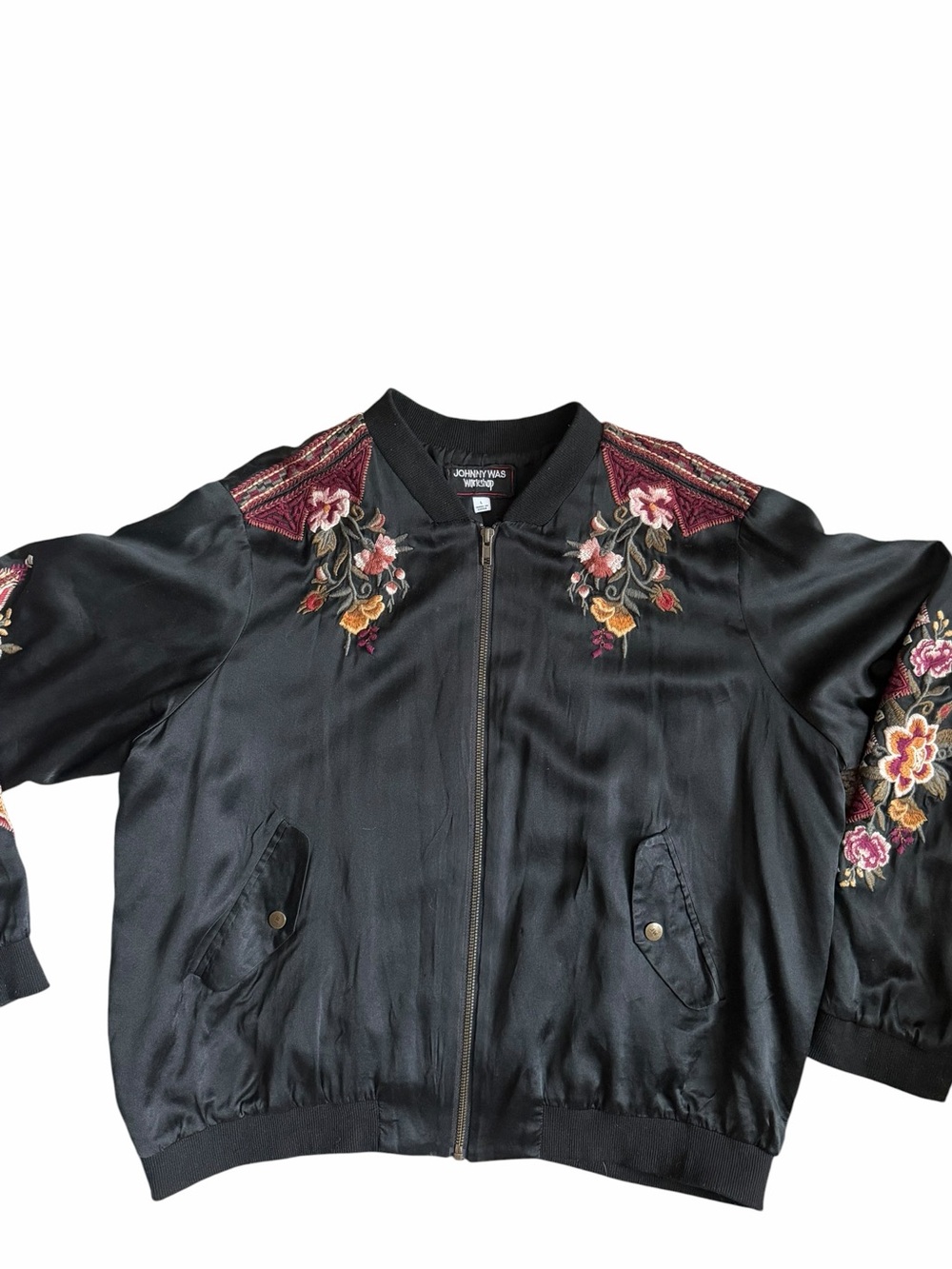 Johnny Was Black Nepal Silk Blend Bomber Jacket with Floral Embroidery L - Picture 10 of 14